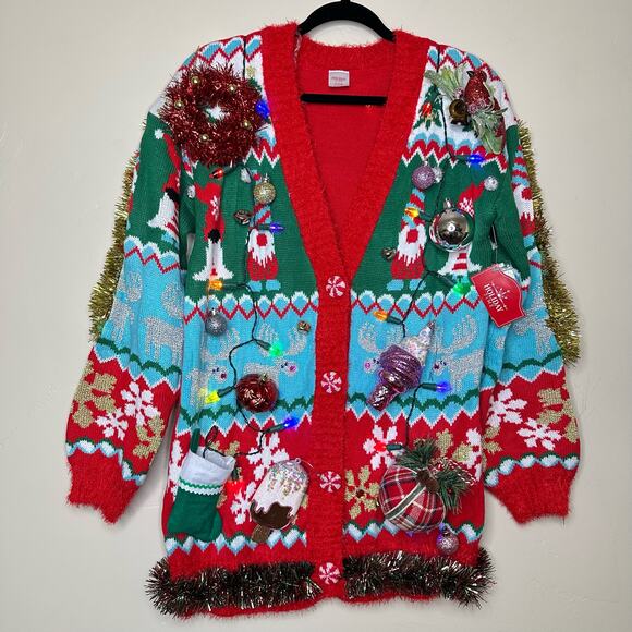 Ugly Christmas Sweater Cardigan LIGHTS UP Tacky Tinsel Xmas Party Winner Small - Picture 1 of 5